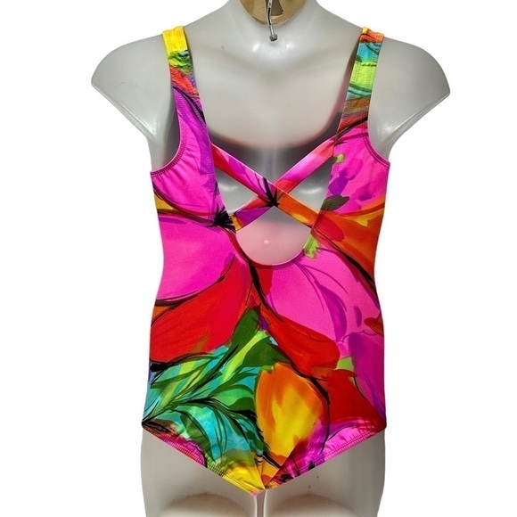 •- Vtg Y2K 90s Neon Swimsuit Cross Back One Piece AA - Picture 4 of 14